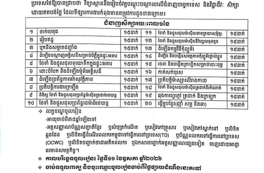 ក្រសួងការងារ និងបណ្តុះបណ្តាលវិជ្ជាជីវៈ វិទ្យាស្ថានពហុបច្ចេកទេសខេត្តកំពង់ចាម បានធ្វើសេចក្តីជូនដំណឹងស្តីពី